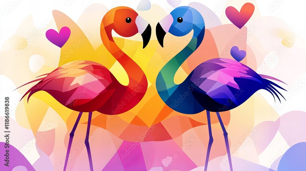 Obraz premium Two vibrant flamingos facing each other against a colorful background, creating a romantic atmosphere.