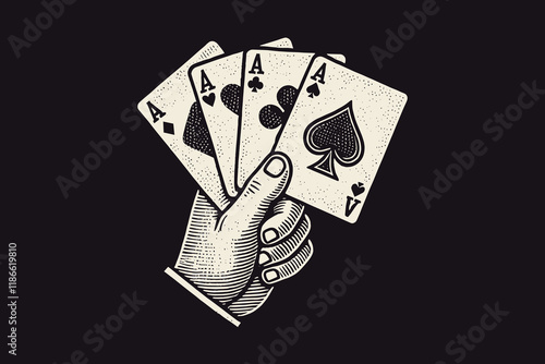 Hand holding four aces, vintage light flat engraving on black background