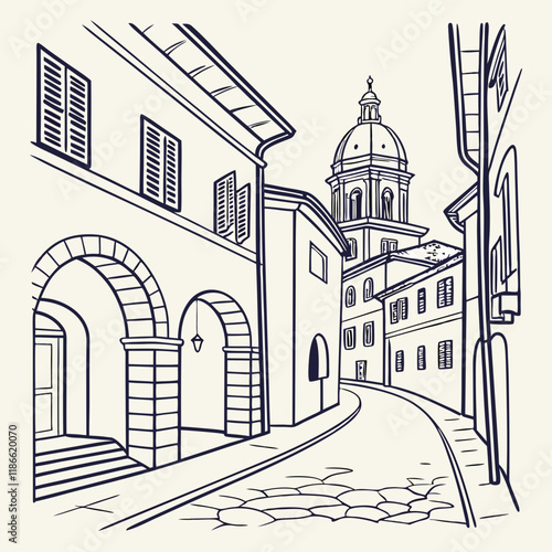 A Delicate Line Art Illustration of a Historic European Town with Narrow Passageways and Majestic Arches