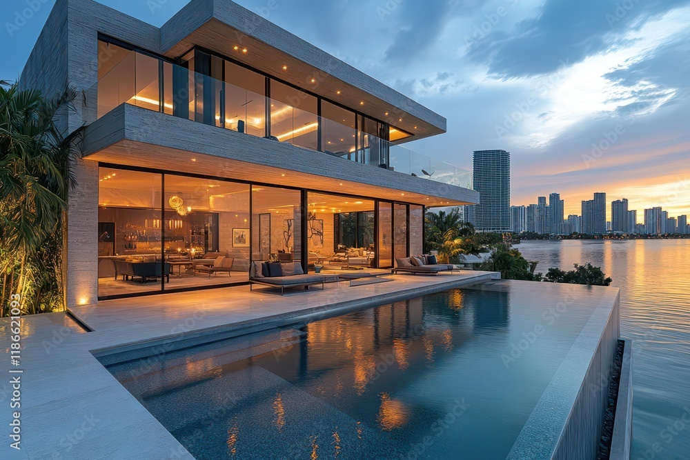 ultra-modern luxury villa featuring stunning rooftop infinity pool with panoramic views of downtown miami skyline at golden hour sunset