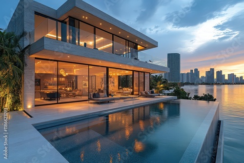 Obraz na płótnie ultra-modern luxury villa featuring stunning rooftop infinity pool with panoramic views of downtown miami skyline at golden hour sunset w salonie