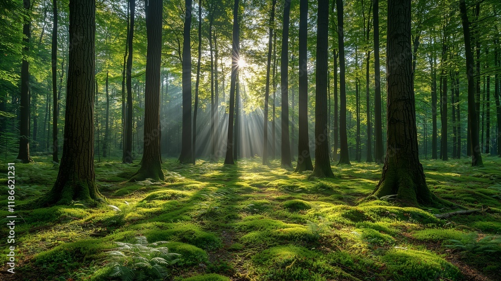 Naklejka premium Sunlight Filtering Through Trees in a Lush Green Forest Scene