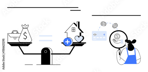 A balance scale holds a briefcase and money bag on one side, and a house with a heart on the other. Person examines credit card, coins, and dollar symbol. Ideal for financial planning, budgeting