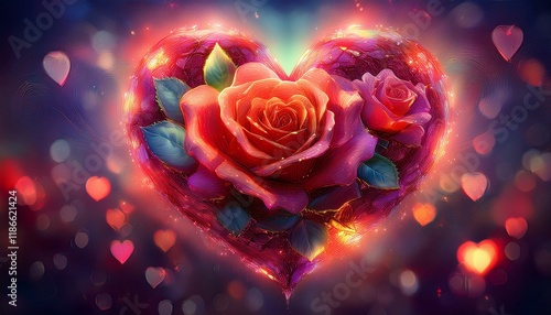 painting of beautiful Rose In Heart Shape With Bokeh Lights background graphic resource