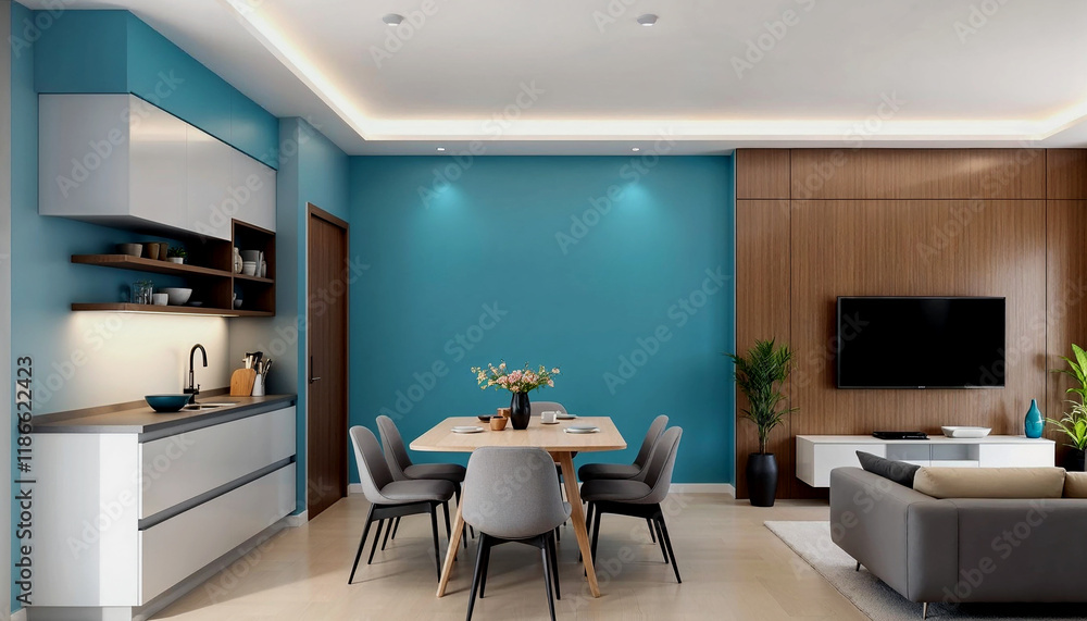 Modern apartment interior design, dining area with table and chairs, living room with blank blue wall, interior background, and 3D rendering Modern apartment interior design, dining area with table and chairs, living room with blank blue wall, interior background, and 3D rendering