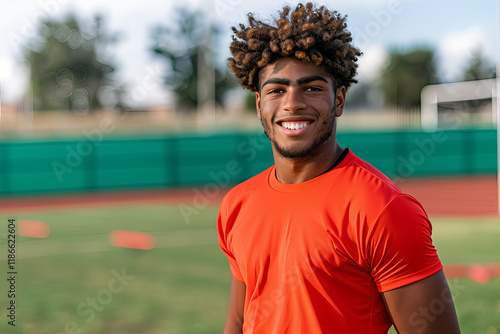 A young man with a big smile on his face is wearing an orange shirt