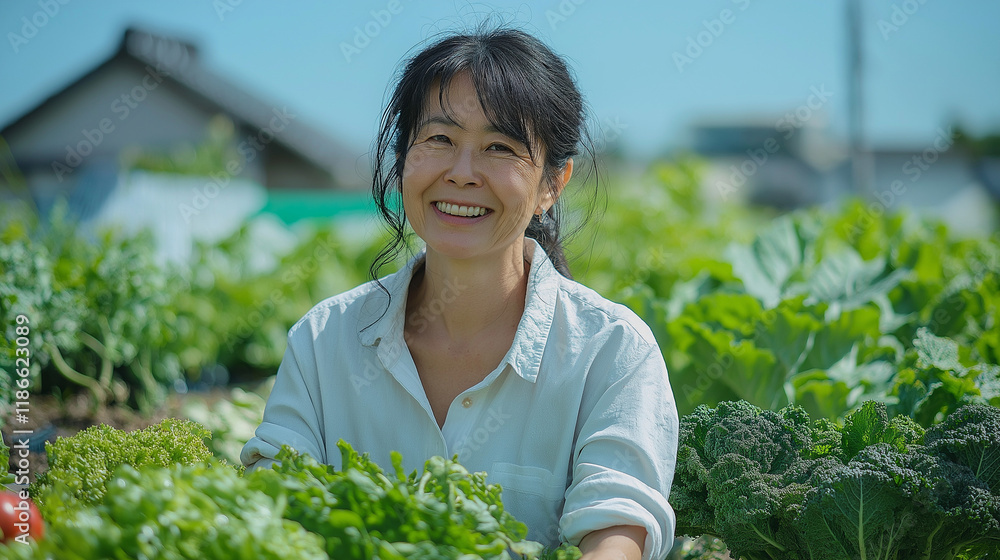 笑顔で農業をするシニア女性 笑顔で農業をするシニア女性