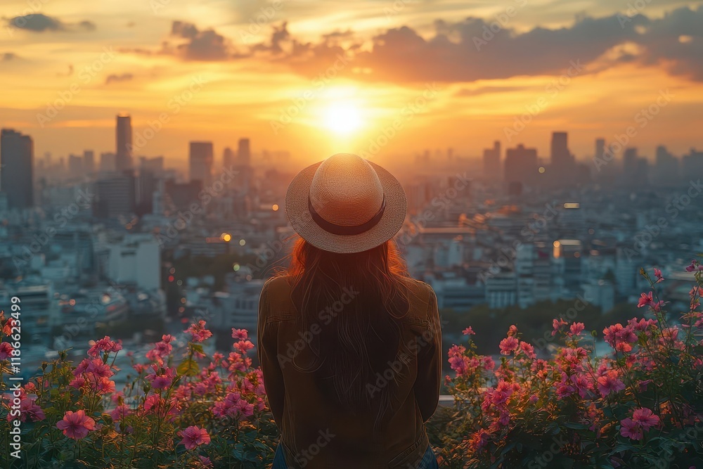 urban explorer woman in vintage style hat enjoying sunrise city view from rooftop garden with metropolitan skyline