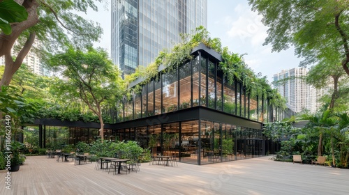 Urban Oasis: A Modern Glass Pavilion nestled in Lush Greenery