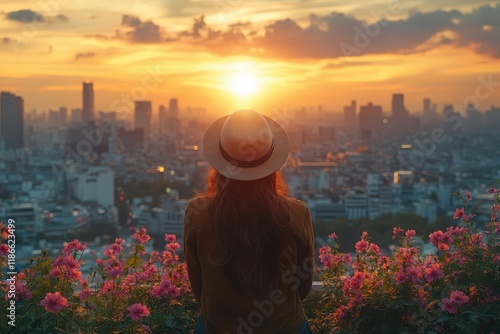 Obraz na płótnie urban explorer woman in vintage style hat enjoying sunrise city view from rooftop garden with metropolitan skyline w salonie