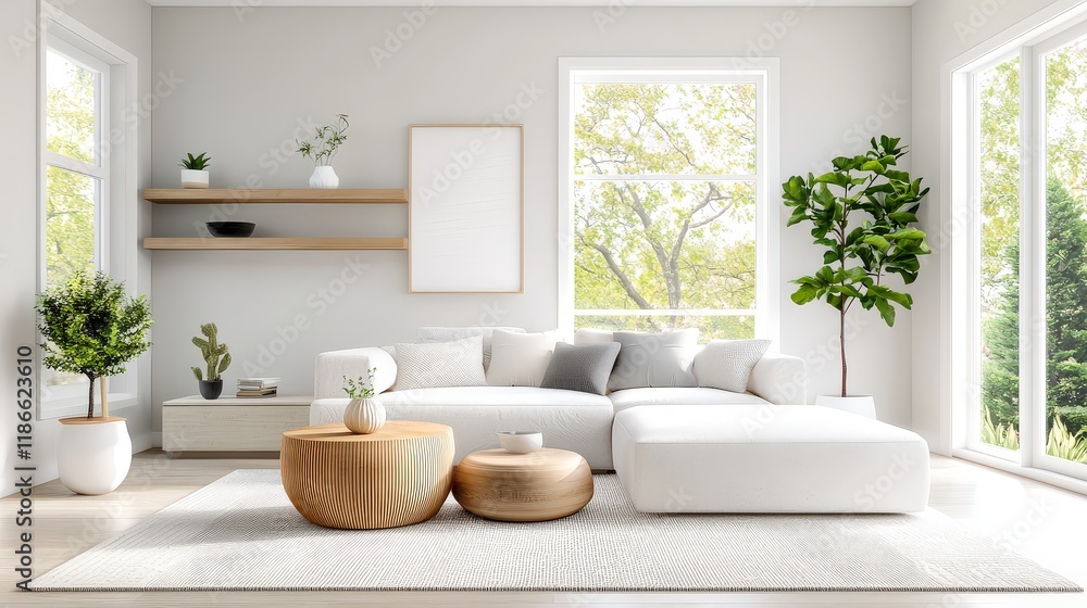 Fototapeta premium Cozy living room with a soft, neutral-toned rug featuring geometric designs.