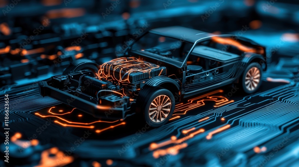 Battery energy durability concept. Futuristic car model on a circuit board Battery energy durability concept. Futuristic car model on a circuit board