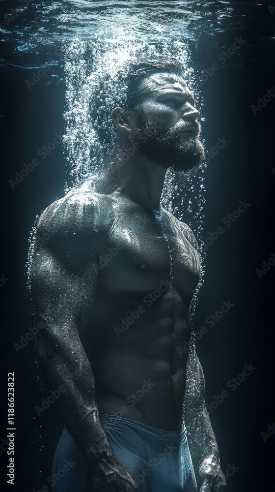 A strong individual stands immersed in water, exuding raw power and grace A strong individual stands immersed in water, exuding raw power and grace
