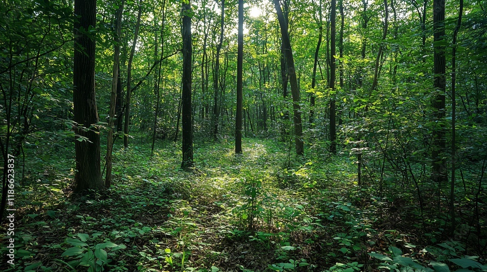 Serene Forest Path Surrounded by Lush Green Trees and Foliage Serene Forest Path Surrounded by Lush Green Trees and Foliage