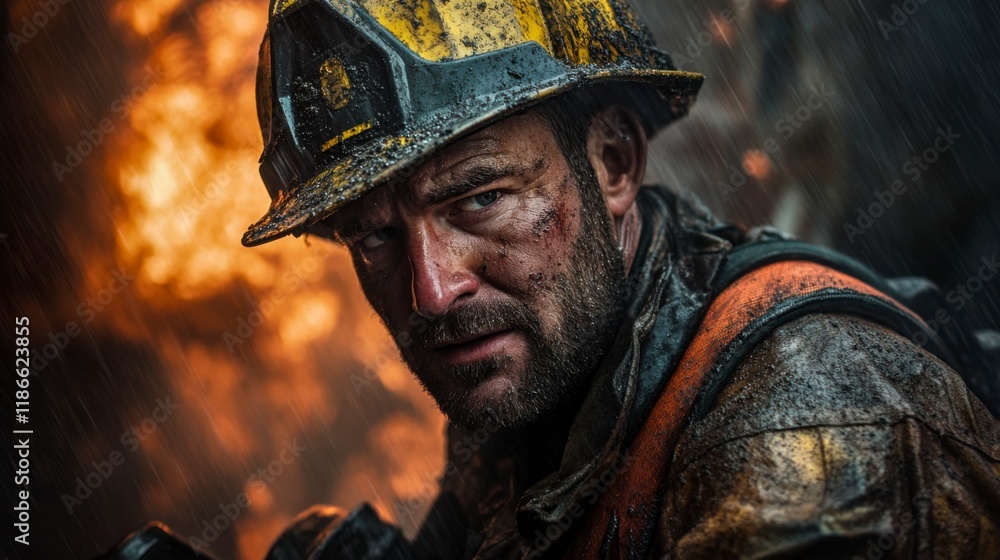 Firefighter's Grit: A close-up portrait of a battle-hardened firefighter, his face streaked with soot and grime, eyes intense amidst a fiery inferno. The image captures courage, resilience. Firefighter's Grit: A close-up portrait of a battle-hardened firefighter, his face streaked with soot and grime, eyes intense amidst a fiery inferno. The image captures courage, resilience.