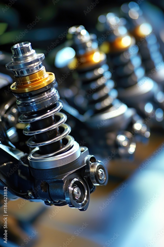 Close-up view of a motorcycle's front suspension components Close-up view of a motorcycle's front suspension components