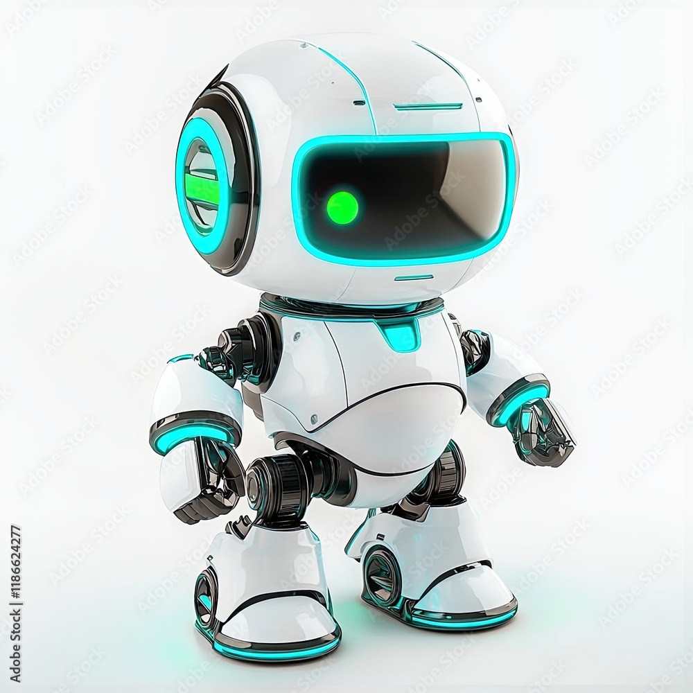 Isolated on white, neon light photography of a glowing toy robot with bright blue and green highlights. Isolated on white, neon light photography of a glowing toy robot with bright blue and green highlights.