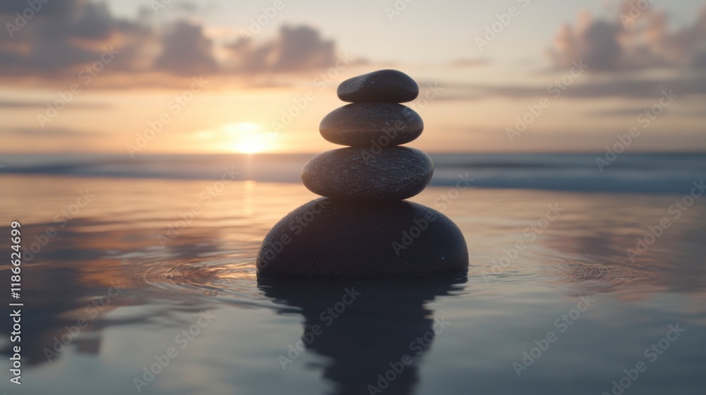Zenith of Tranquility: A perfectly balanced stack of smooth, grey stones stands steadfast against the backdrop of a serene sunset, reflecting the golden light in the calm waters. Zenith of Tranquility: A perfectly balanced stack of smooth, grey stones stands steadfast against the backdrop of a serene sunset, reflecting the golden light in the calm waters.