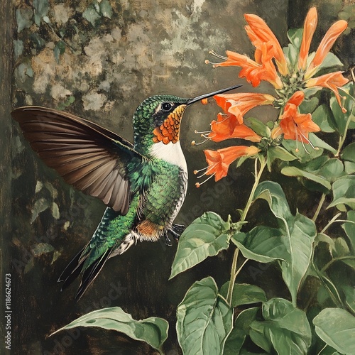 Hummingbird gracefully moves in serene floral setting. photo