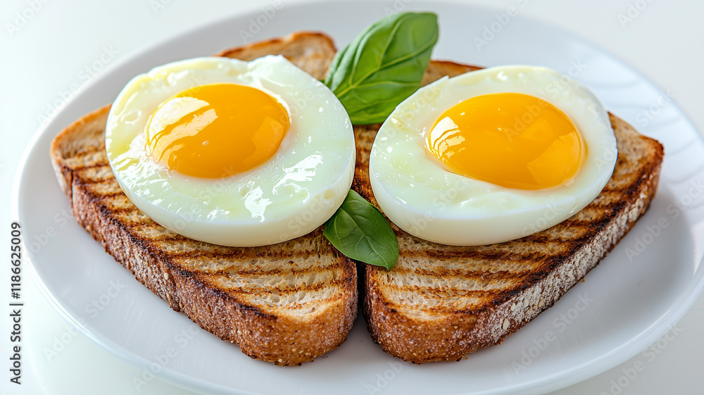 Delicious poached eggs on toasted bread, garnished with fresh basil, create delightful breakfast. This dish is perfect for healthy start to your day Delicious poached eggs on toasted bread, garnished with fresh basil, create delightful breakfast. This dish is perfect for healthy start to your day