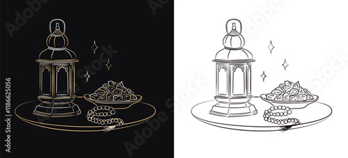 Ramadan Kareem illustration - hand drawn linear Arabic lantern, Muslim rosary praying beads and dates in a bowl as dish for Iftar isolated on black and white background. Eid Mubarak outline art