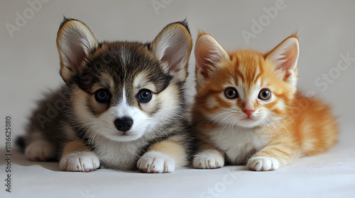 Cute Welsh corgi puppy and a red kitten sit together on a white background. isolated on a white background.