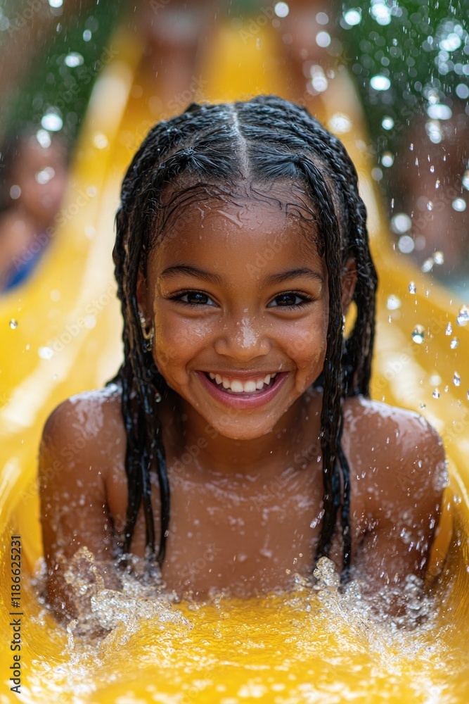 Obraz premium A young girl smiling as she slides down the water slide, a fun summer activity
