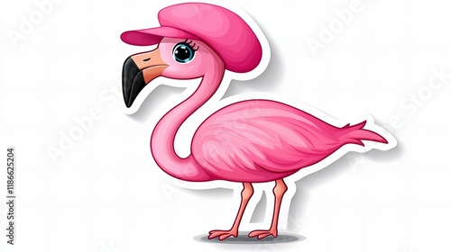 Adorable cartoon flamingo wearing a pink hat.  Perfect for kids' projects! photo