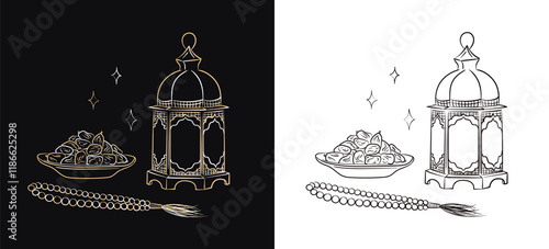 Ramadan Kareem illustration - hand drawn linear Arabic lantern, Muslim rosary praying beads and dates in a bowl as dish for Iftar isolated on black and white background. Eid Mubarak outline art