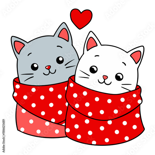 Two cats are wrapped in a red blanket with heart