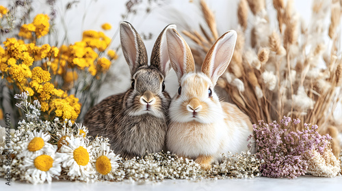 Two little brown rabbits are sitting isolated on a white background.