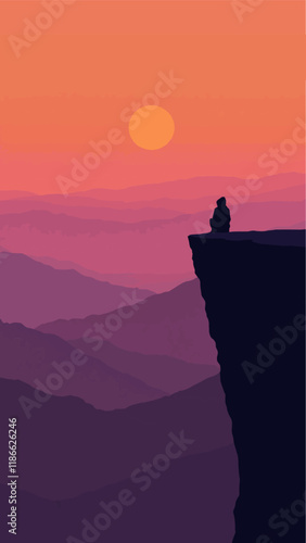 Silhouette of a person sitting on a cliff at sunset with layered mountain landscape, vector illustration