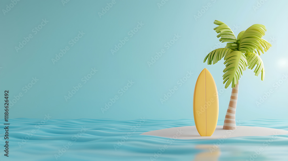 Obraz premium vibrant summer paradise scene featuring palm tree and yellow surfboard on sandy island. crystal clear water and bright blue sky create serene atmosphere