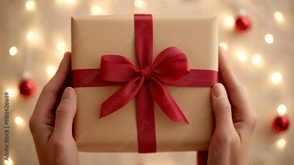 Gift of Joy: A pair of hands gently holds a beautifully wrapped gift, adorned with a crimson ribbon and bow. The warm, festive bokeh lights in the background evoke the spirit of the holiday season. Gift of Joy: A pair of hands gently holds a beautifully wrapped gift, adorned with a crimson ribbon and bow. The warm, festive bokeh lights in the background evoke the spirit of the holiday season.