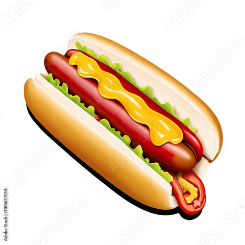 Hot Dog Delight: A mouthwatering image of a classic hot dog, slathered in mustard, nestled in a soft bun with crisp lettuce. Perfect for menus, food blogs, or any project needing a delicious touch. photo