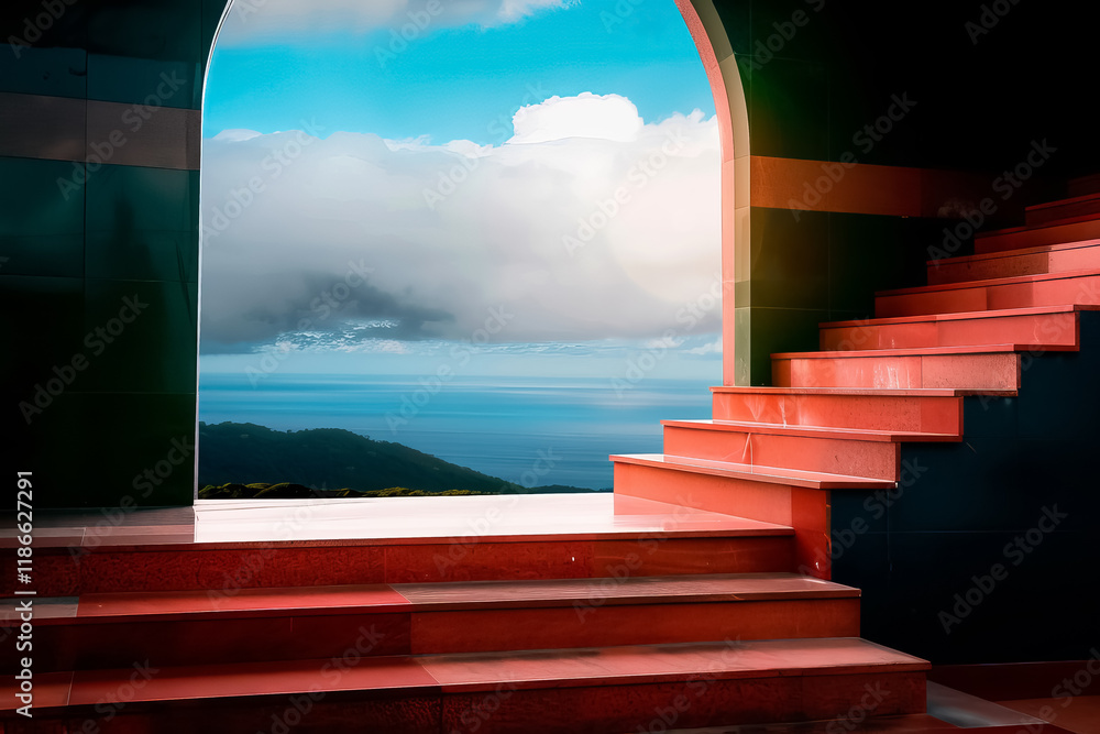 A staircase leading to a balcony with a view of the ocean A staircase leading to a balcony with a view of the ocean
