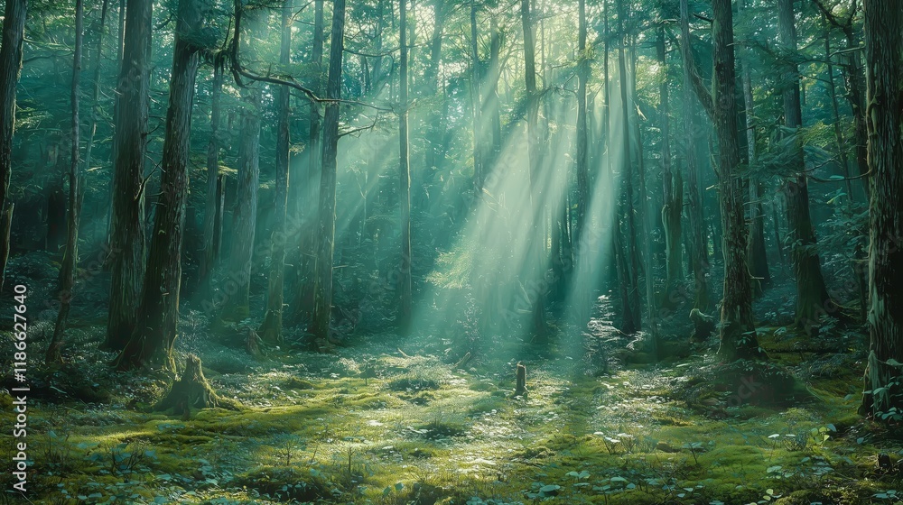 Fototapeta premium Serene Sunlight Filtering Through Lush Green Forest Canopy