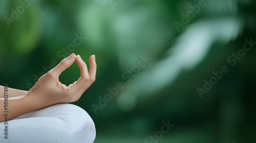 close up of hands in mudra position, symbolizing peace and meditation, set against serene green background. This evokes tranquility and mindfulness