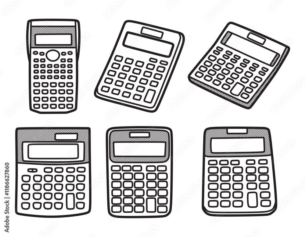 black and white vector, line art, six calculators black and white vector, line art, six calculators