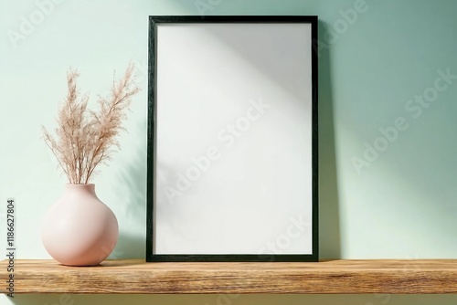 Minimalist vertical black poster or photo frame mockup with vase on a wooden shelf