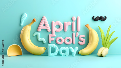 April Fool Day is celebrated with playful elements like bananas, mustache, and vibrant colors, creating fun and whimsical atmosphere photo