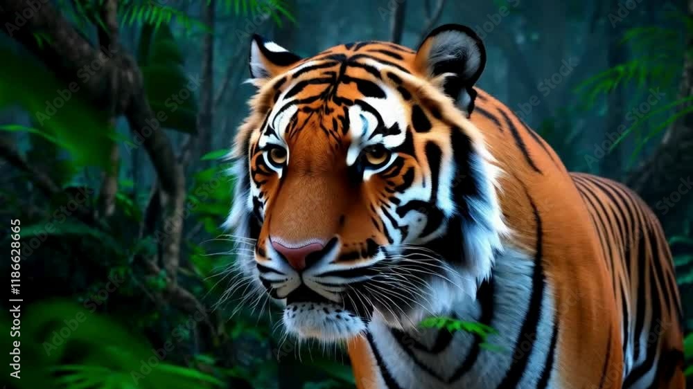 Intense Close-up of Tiger in Lush Green Jungle Intense Close-up of Tiger in Lush Green Jungle