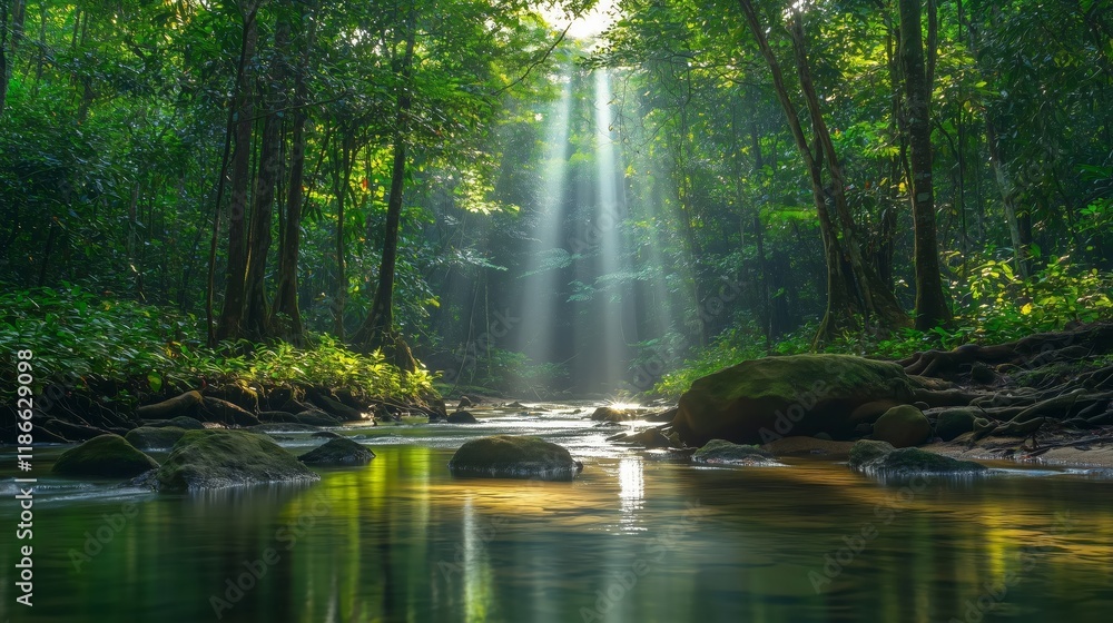 Fototapeta premium Serene Jungle Stream with Sunlight Beaming Through Lush Canopy