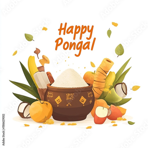 Traditional Pongal Pot with Sugarcane and Harvest Fruits for Festival Display