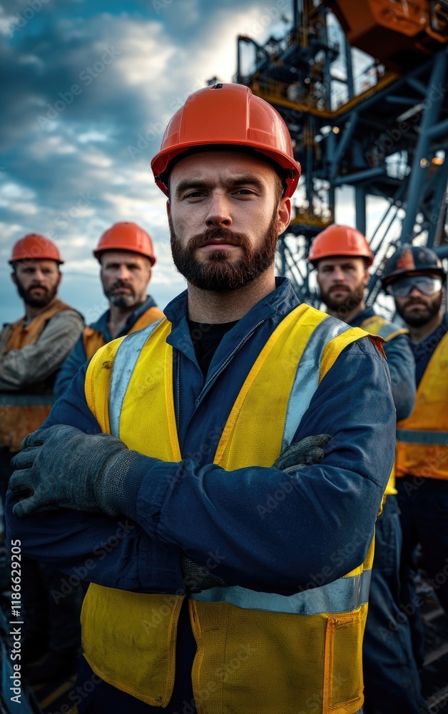 Confident industrial workers in hard hats and safety vests stand with arms crossed against a backdrop of industrial equipment. Confident industrial workers in hard hats and safety vests stand with arms crossed against a backdrop of industrial equipment.