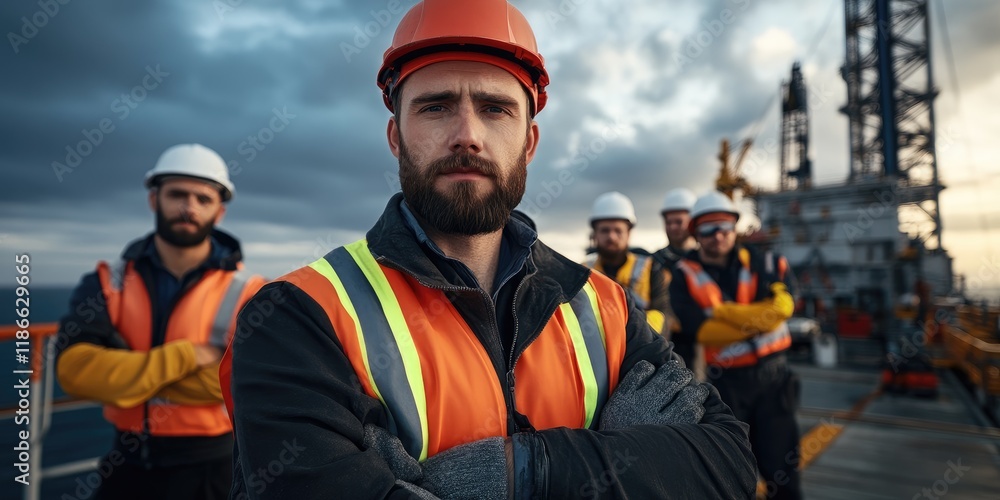 Fototapeta premium Confident oil rig workers, arms crossed, serious expressions, offshore platform background.