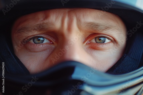 A close-up view of a person wearing a helmet, great for illustrating safety gear or sports equipment photo