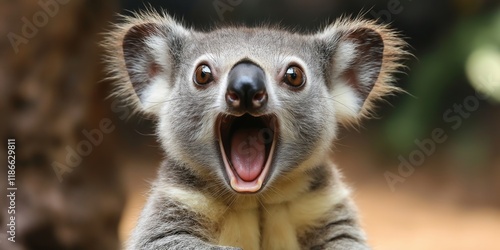 A cheerful koala displaying a joyful expression with mouth wide open, captivating its surroundings. photo