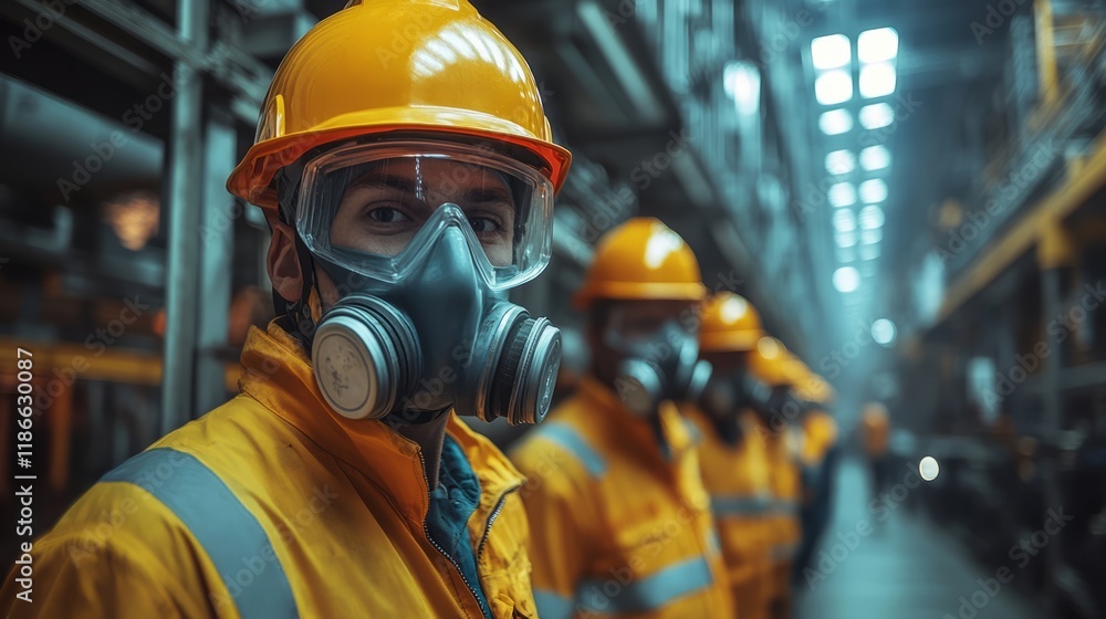 Industrial workers wearing masks and helmets await instructions during a drill Industrial workers wearing masks and helmets await instructions during a drill