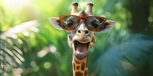 A playful giraffe with stylish glasses expressing joy amidst lush greenery. photo